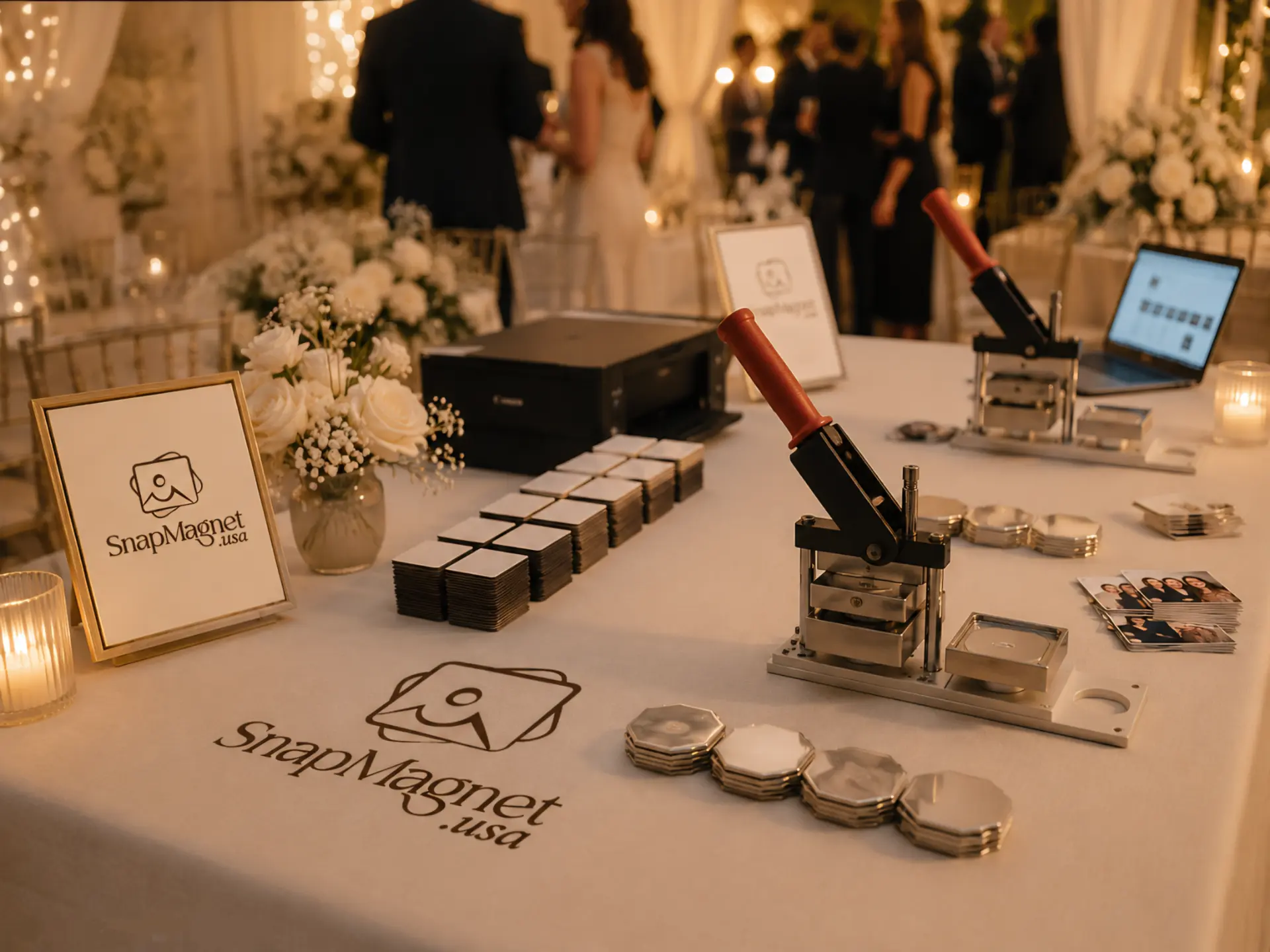 A Snap Magnet live printing station set up at a wedding, with presses, printer and finished magnets on a branded table